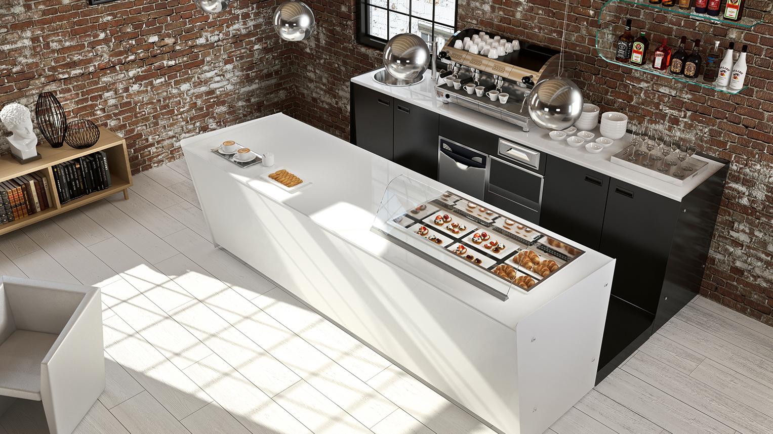 Refrigerated display counter with pastries and a coffee station