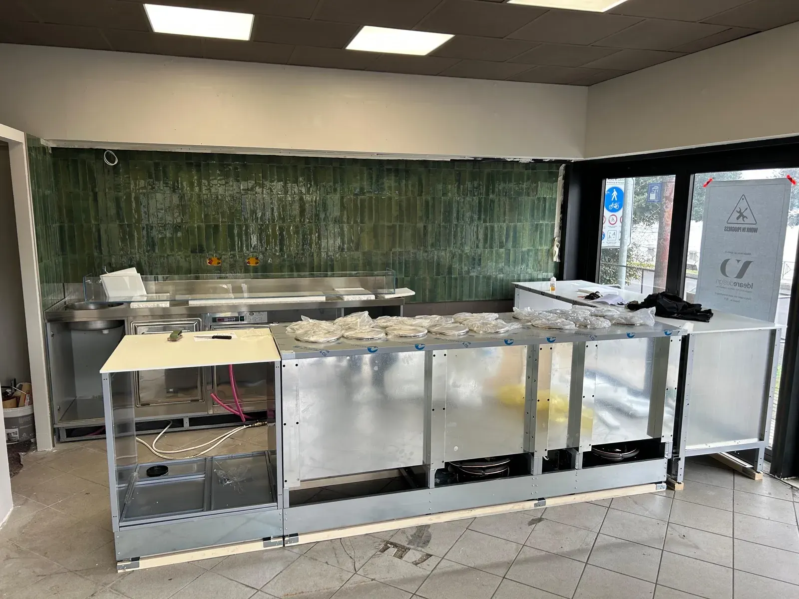The Dispenseria gelato counter during assembly